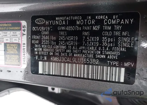 2020 Hyundai Tucson Sport z USA, uszkodzony, nr VIN KM8J3CAL9LU165382